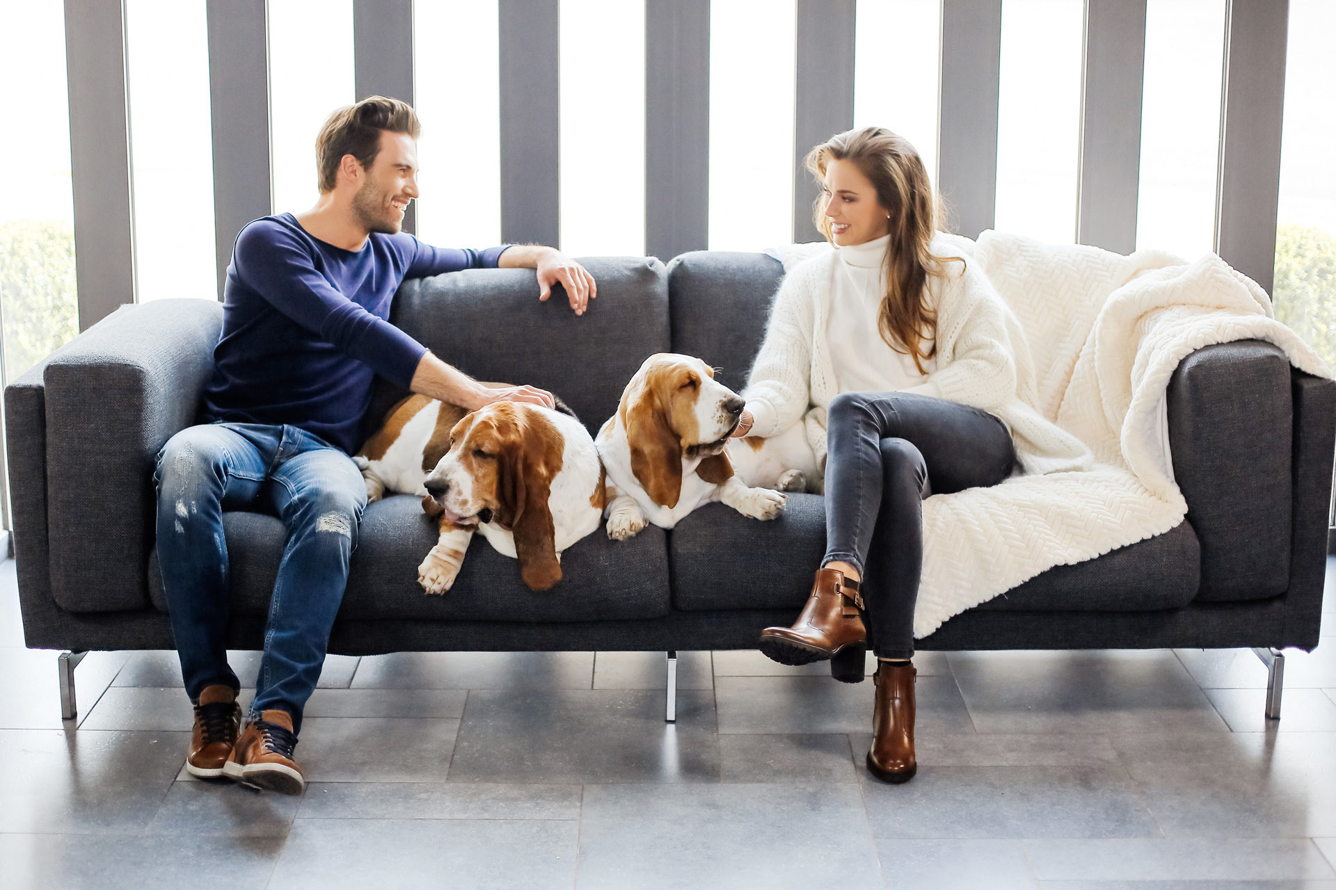 couple sur canapé avec deux chiens